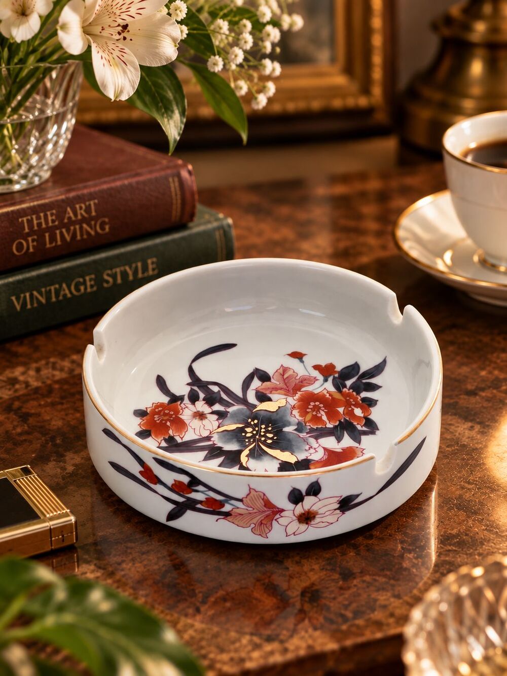Vintage Bamberger's Windflower Porcelain Ashtray Floral Gold Trim 6"